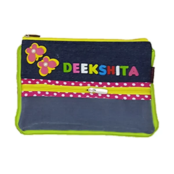 BE-07-P013-I01- Butterflies Double Pocket Denim Pencil Pouch Butterflies Double Pocket Denim Pencil Pouch