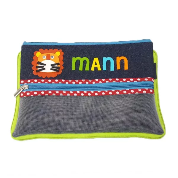 BE-07-P032-I01_Lion Face Double Pocket Denim Pencil Pouch Lion Face Double Pocket Denim Pencil Pouch
