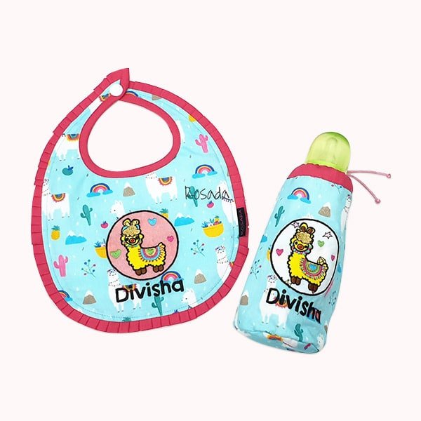 AE-01-P011-I01 LIama Print Bib & Bottle Cover Set